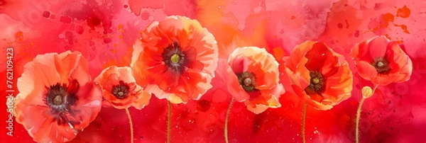 Fototapeta Playful watercolor of whimsical poppies against a vibrant red background, adding a bold and cheerful ,Generative AI