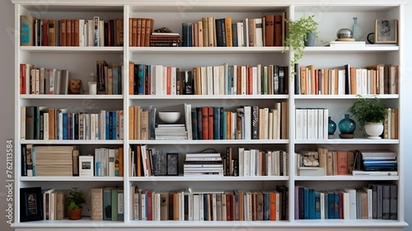 Obraz  A white bookcase filled with books and other items, showcasing the diversity of different types of furniture for home decor in an apartment setting 