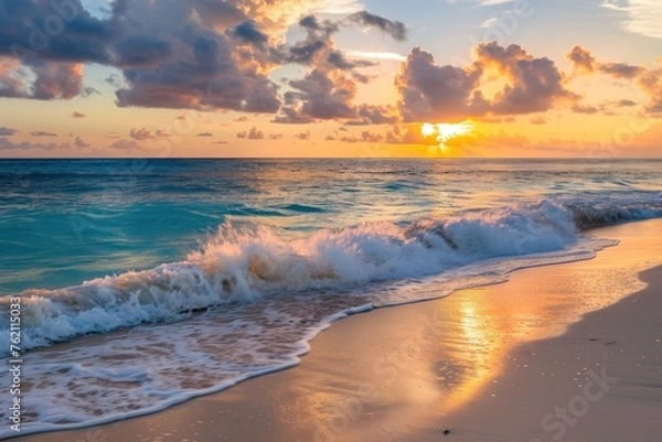 Fototapeta Golden Sunset Splendor on a Serene Tropical Beachfront Generative AI