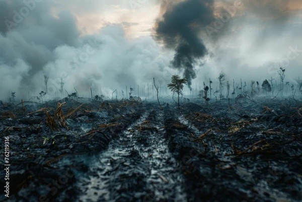 Fototapeta A gloomy landscape filled with smoke and ash after deforestation, showcasing environmental destruction.