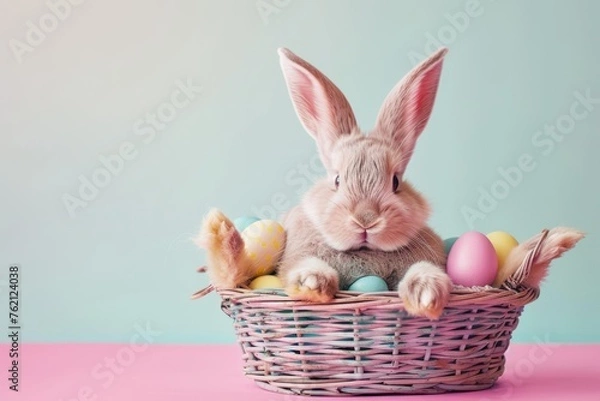 Obraz easter eggs decorated in a basket on a pink background, wallpaper pattern, pastel light colors