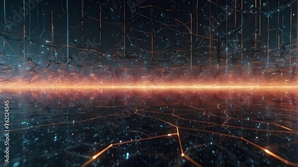 Fototapeta Internet of Digital Art. Background of abstract digital technology including lines and dots that connect. Network Tunnel Concept: Data sharing and worldwide network across the globe in three dimension