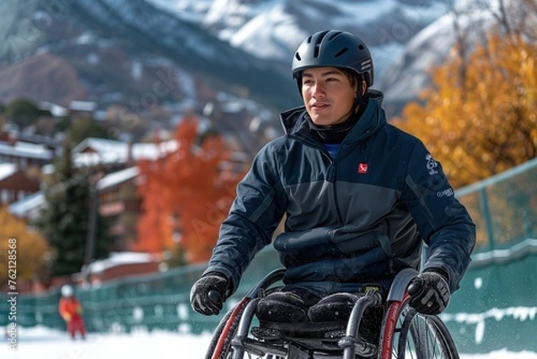 Fototapeta An athlete in a wheelchair training outdoors with a snowy mountain landscape in the background