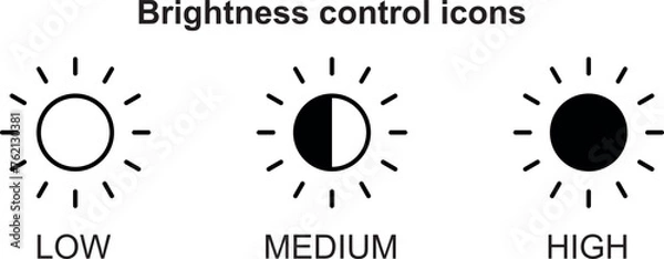 Fototapeta Brightness control icon, symbols in low, medium and high options. Contrast level, Screen brightness. Vector Illustrationnt