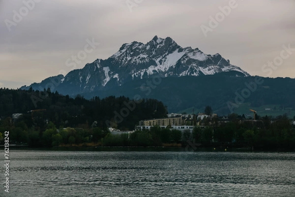 Obraz Scenic view of mountains with snowy peaks on lake lucerne.