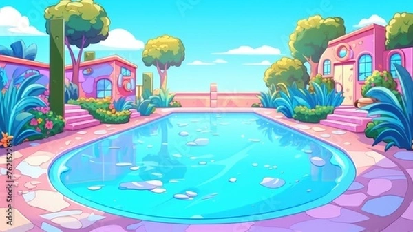 Fototapeta cartoon poolside view at sunset with cityscape and lush greenery