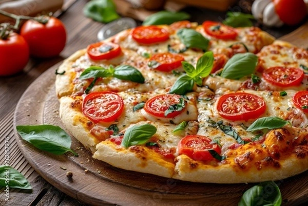 Fototapeta Freshly baked pizza on rustic wood table, ready to eat Italian meal. Generative AI