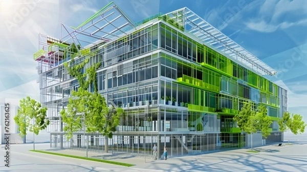 Fototapeta Digital twin of a green building project visualized through BIM for sustainability analysis.
