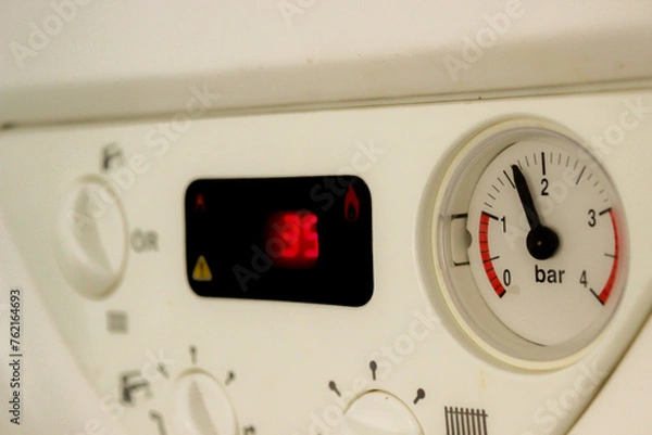 Fototapeta On off pause buttons and gauges on household devices close up view