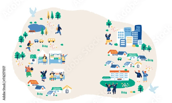 Fototapeta 街並みと人々のシンプルでフラットなイラスト
