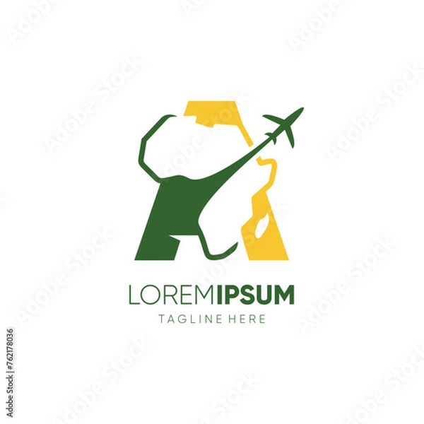 Fototapeta Letter A African Continent Map with Airplane for Travel Logo Design Vector Icon Symbol Graphic Illustration