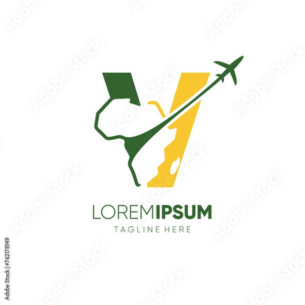 Fototapeta Letter V African Continent Map with Airplane for Travel Logo Design Vector Icon Symbol Graphic Illustration