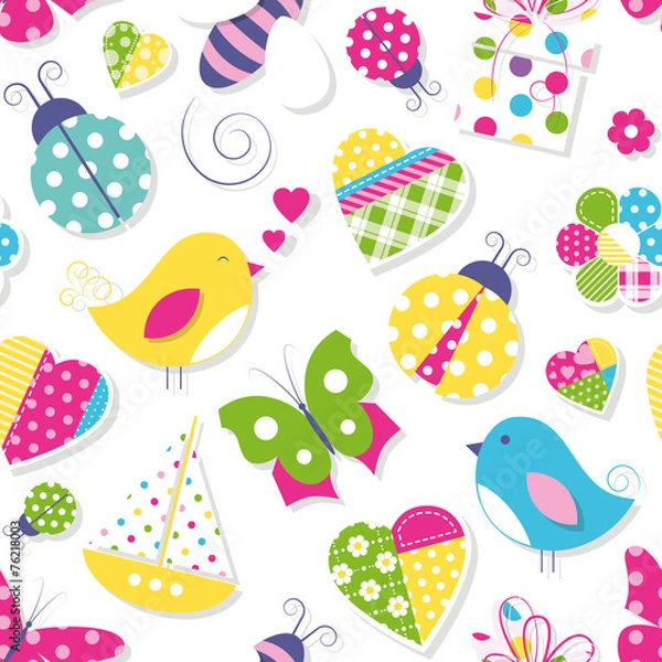 Obraz cute hearts flowers toys and animals pattern