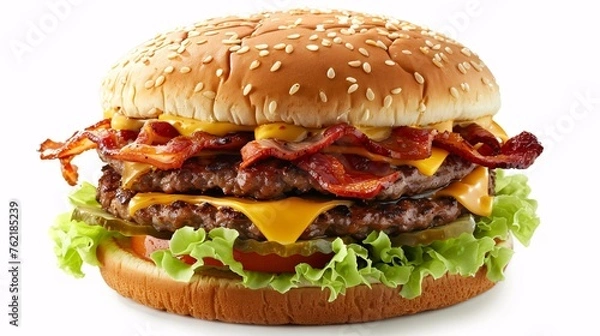 Obraz Delicious bacon cheese burger hamburger  on white background