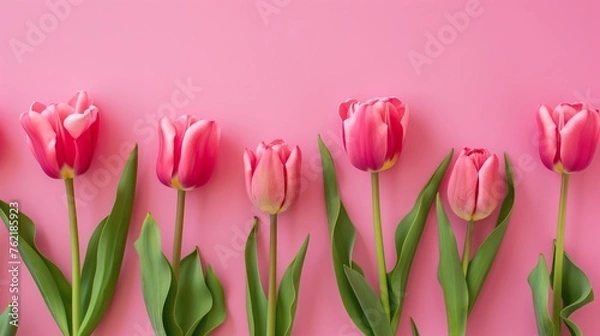 Fototapeta Spring tulip flowers on pink background top view in flat lay style. Greeting for Womens or Mothers Day or Spring Sale Banner