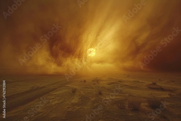 Fototapeta Majestic sunset in a vast desert with an approaching sandstorm under a fiery sky