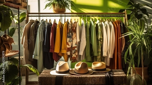 Obraz clothes and hats on hangers in an urban vintage store