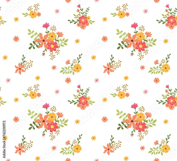 Fototapeta Vector seamless pattern with flowers compositions and leaves. Cute summer background in flat style	