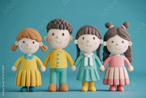 Obraz Three Small Children Figurines Playing Together