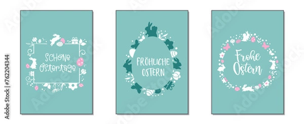 Fototapeta Ostergrüße mit drei verschiedenen österlichen Motiven und wünschen auf türkisfarbenem Hintergrund