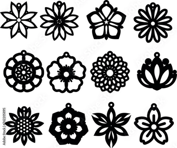 Fototapeta Bundle of earring templates with flowers for making earrings from leather, wood, metal. Templates for cutting machines.