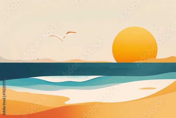 Fototapeta Stylized beach sunset with waves and seagull. Flat design illustration of a coastal scene with sun and bird in pastel colors. Calm ocean and beach holiday concept for design and print