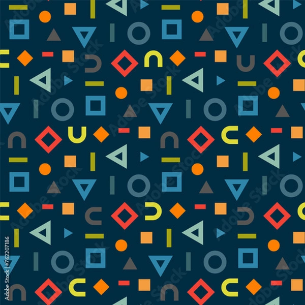 Fototapeta Small bright colorful multi-colored geometric shapes isolated on a dark green-blue background. Seamless pattern. Vector simple flat graphic illustration. Texture.