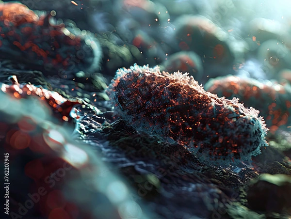 Fototapeta Representation of a dying bacteria. Breakdown of the bacterial cell structure, and disintegrating cell walls. Bacteria under microscope. AI
