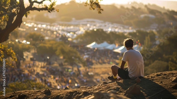 Fototapeta festival goer figure perched atop a hill overlooking a one of the largest summer music festival