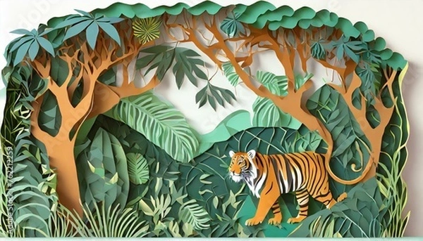 Fototapeta Bengal tiger walking through a jungle scene in paper cut-out style