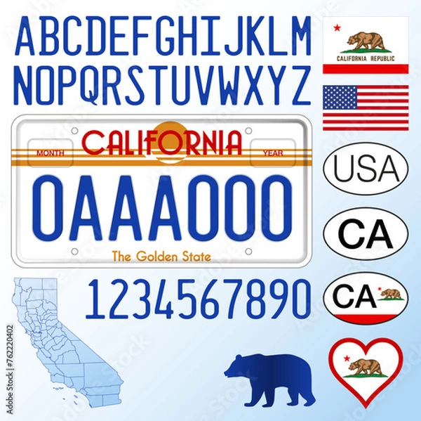 Fototapeta California state car license plate, old style, letters, numbers and symbols, vector illustration, United States of America