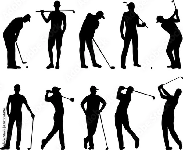 Obraz men playing golf silhouette set, vector