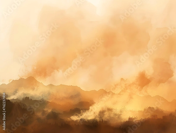 Obraz The view of the mountain is obscured by a large wildfire, with smoke spreading across the sky. pm 2.5 smog vector illustration. Environment and air pollution concept background, Global Boiling.