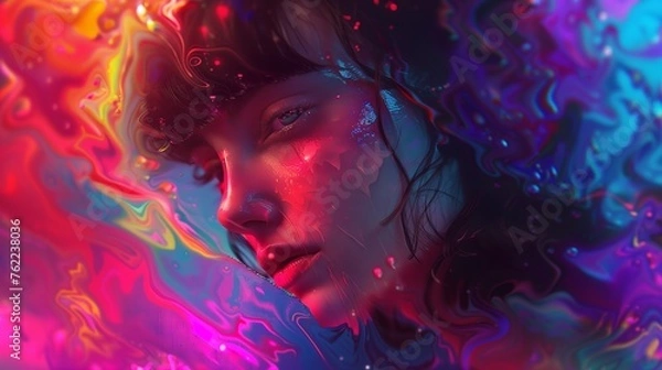 Fototapeta A girl against a background of surreal design using acid colors, psychedelic culture, will reflect overload with thoughts and digital technologies.