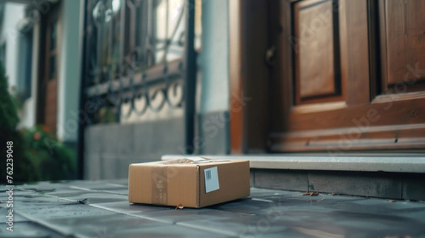 Obraz Caja de cartón en la puerta de una vivienda. Entrega a domicilio