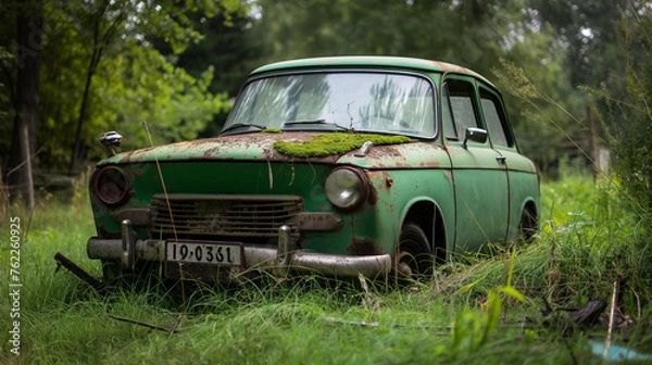 Fototapeta Oldtimer nostalgie altes verrostetes grünes Auto Trabant Lada in der Natur Generative AI