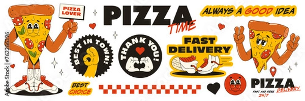 Fototapeta A pizza delivery theme set in the trending retro groovy style. Pizza character, stickers with words of thanks to the customer and fast delivery.	