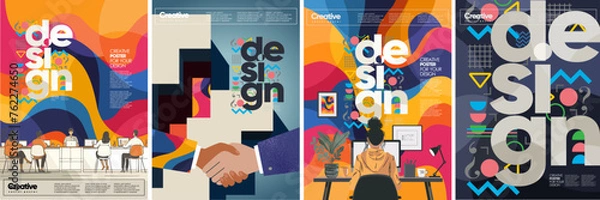 Fototapeta Design, creativity and business. Vector modern abstract  geometric illustration of advertising agency, graphic design at computer at work, handshake, creative office for poster, flyer or background