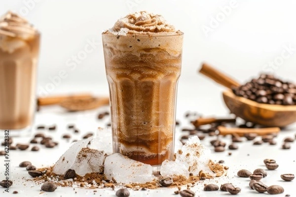 Fototapeta Coffee slush in tall glass with beans and crushed ice around it on white table with isolated background. Front view. Horizontal composition.