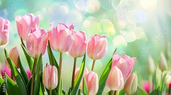Fototapeta Blooming pink tulips flowerbed on background. Spring holidays concept