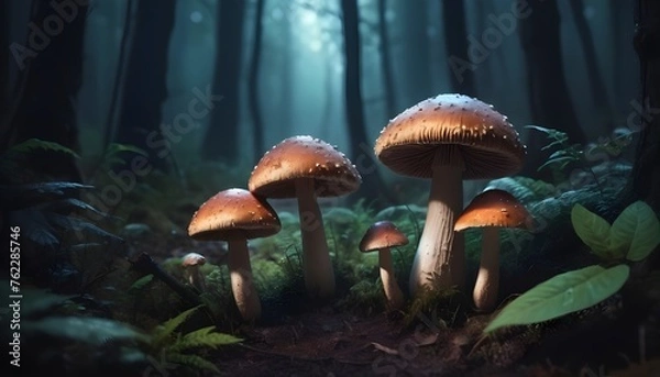 Fototapeta Magical mushrooms in a dark mystery forest