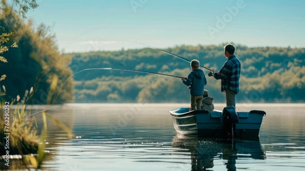 Obraz father with children and sons on a boat holding fishing rods in their hands and fishing, outdoors on the river, sunlight, space for text