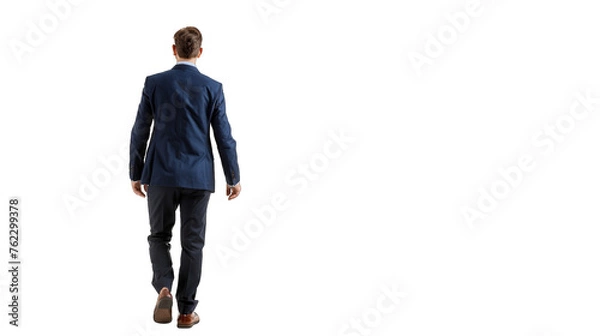 Obraz Back view of a business man holding a briefcase and walking forward. PNG file of isolated cutout object on transparent background.