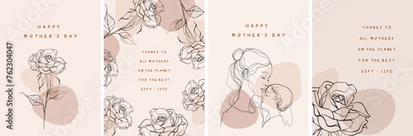 Fototapeta Happy Mother's Day. minimalistic modern  line art. Vector abstract illustration of mother and child, rose flower, frame, border for greeting card, poster or flyer