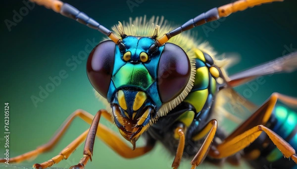 Fototapeta Close up of a bug with a blue and green face portrait of an alien insect