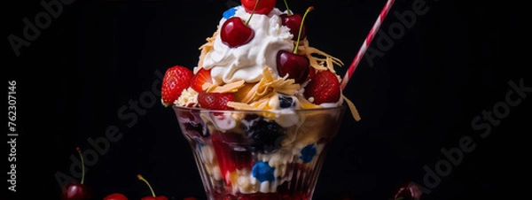 Fototapeta Colorful dessert sundae with whipped cream and berries.