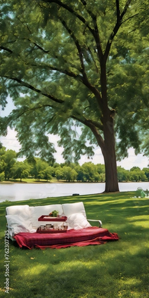 Fototapeta Relaxing outdoor scene with a chaise lounge under a large tree.