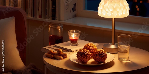 Fototapeta Warm lighting illuminates a cozy table setting.