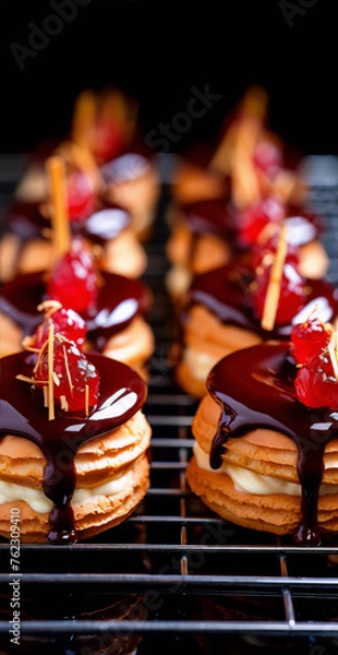 Fototapeta Close-up of Profiteroles with red currant and chocolate glaze on a black background.