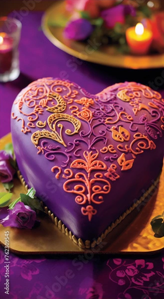Fototapeta A purple heart-shaped cake decorated with orange icing in a mehndi style on a purple patterned background.